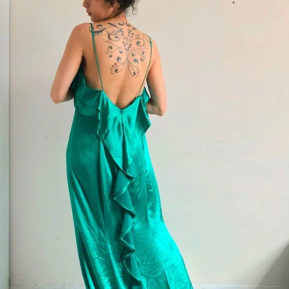 NWT Zac Posen Green emerald satin ruffle long dress - Picture 4 of 7